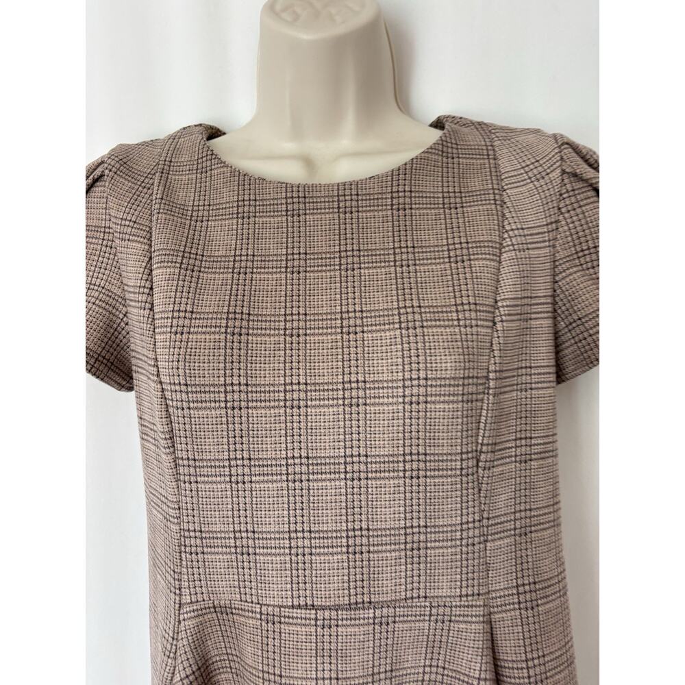 Vtg Calvin Klein Dress 4 Knee Fit & Flare Plaid Check Brown Soft Puff Sleeve - Picture 3 of 14